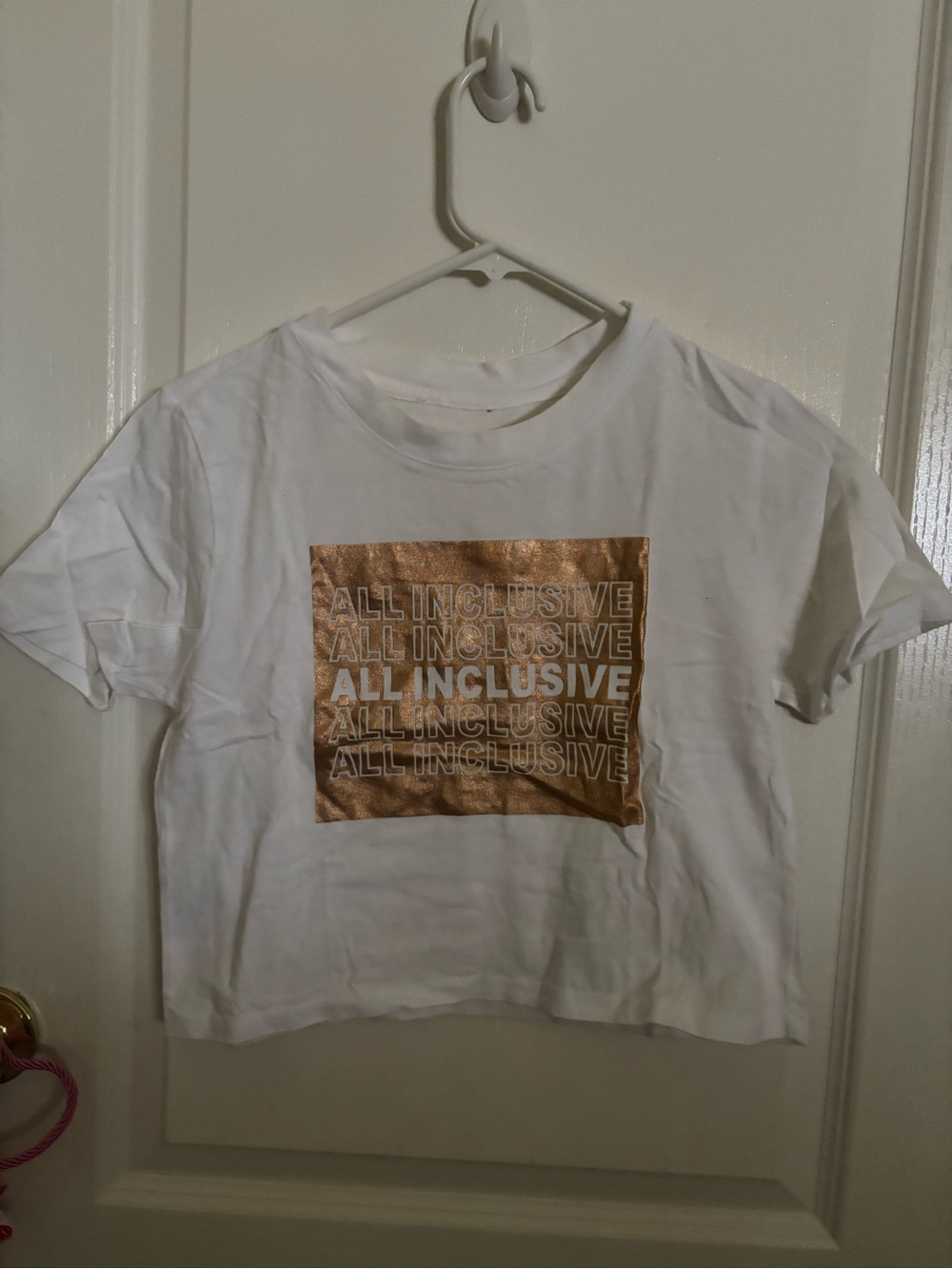 White Cropped Tee with Metallic Rose Gold 'All Inclusive' Print